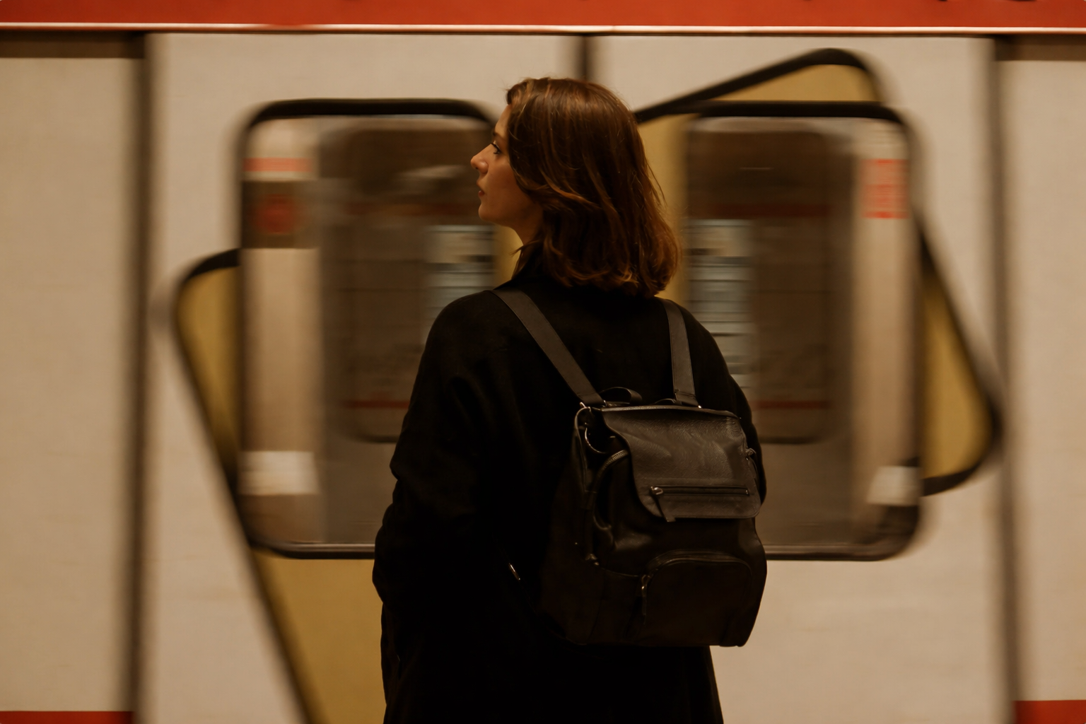 Woman with a backpack waiting on a subway platform as a train blurs past
